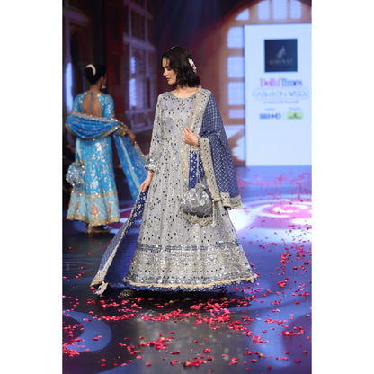 QAIYNAT Ghungroo Grey Mirror Work Hand-Embroidered Anarkali with Dupatta