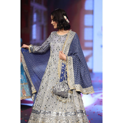 QAIYNAT Ghungroo Grey Mirror Work Hand-Embroidered Anarkali with Dupatta