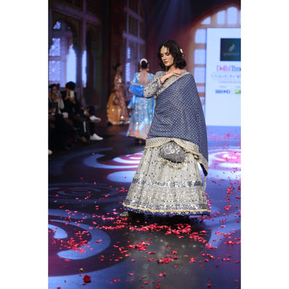 QAIYNAT Ghungroo Grey Mirror Work Hand-Embroidered Anarkali with Dupatta