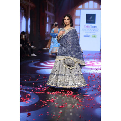 QAIYNAT Ghungroo Grey Mirror Work Hand-Embroidered Anarkali with Dupatta