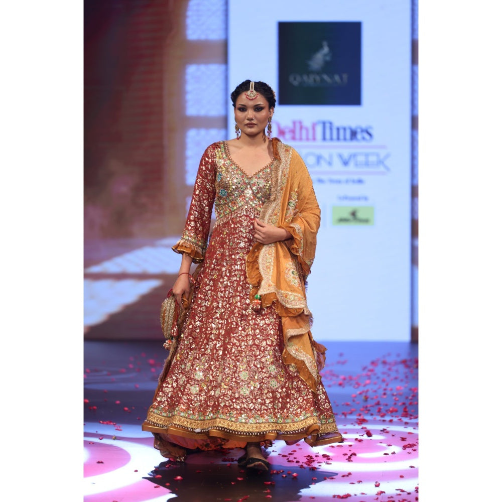 QAIYNAT Ghungroo Rust Mirror Work Hand Embroidered Anarkali with Dupatta