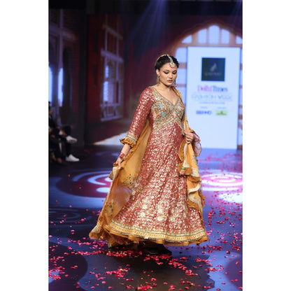 QAIYNAT Ghungroo Rust Mirror Work Hand Embroidered Anarkali with Dupatta