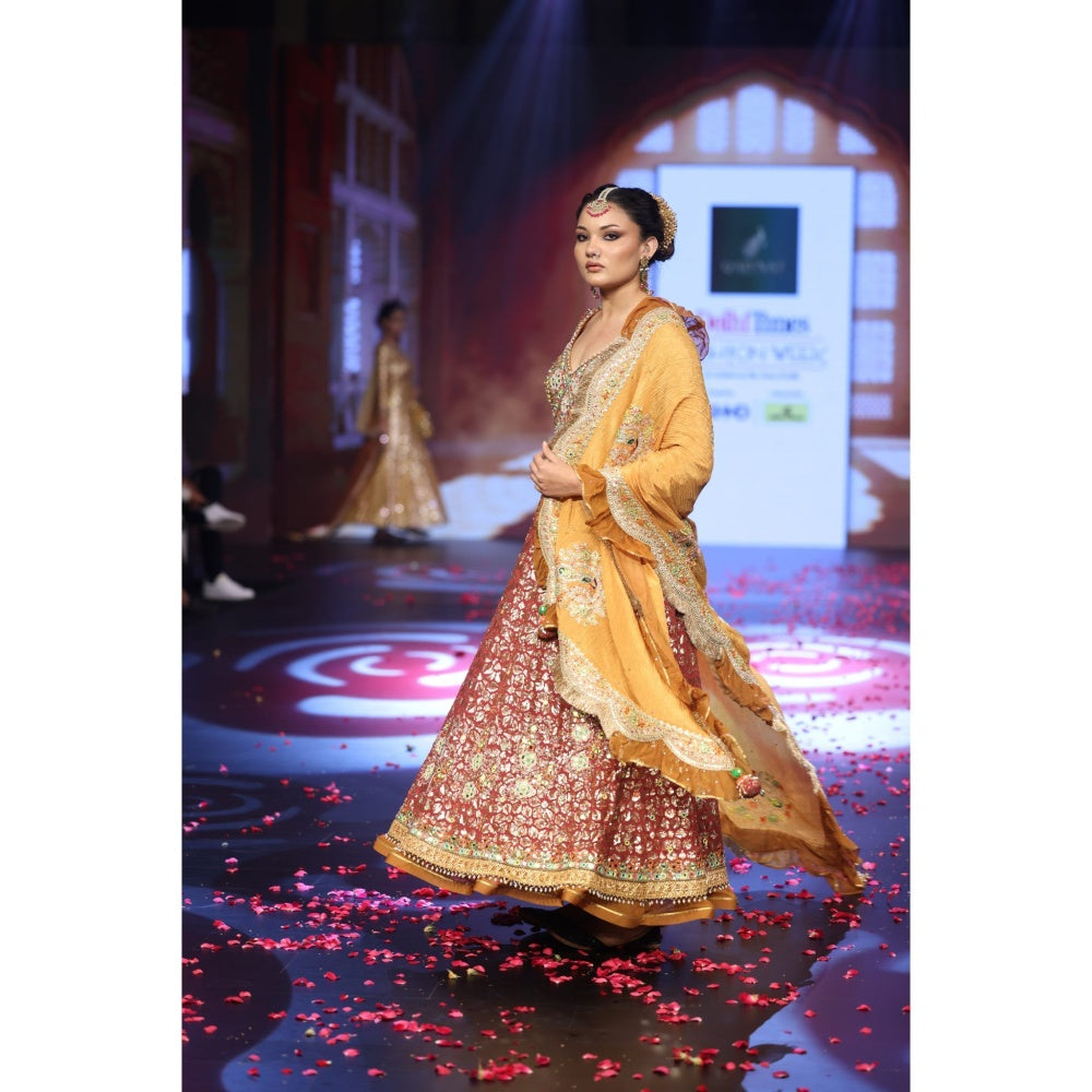 QAIYNAT Ghungroo Rust Mirror Work Hand Embroidered Anarkali with Dupatta