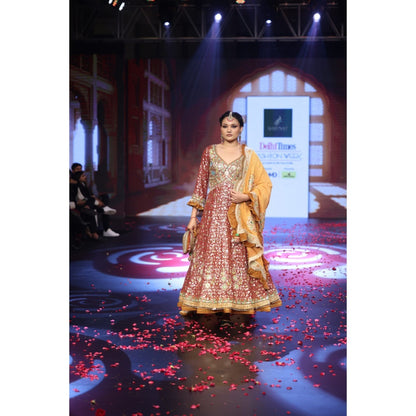 QAIYNAT Ghungroo Rust Mirror Work Hand Embroidered Anarkali with Dupatta