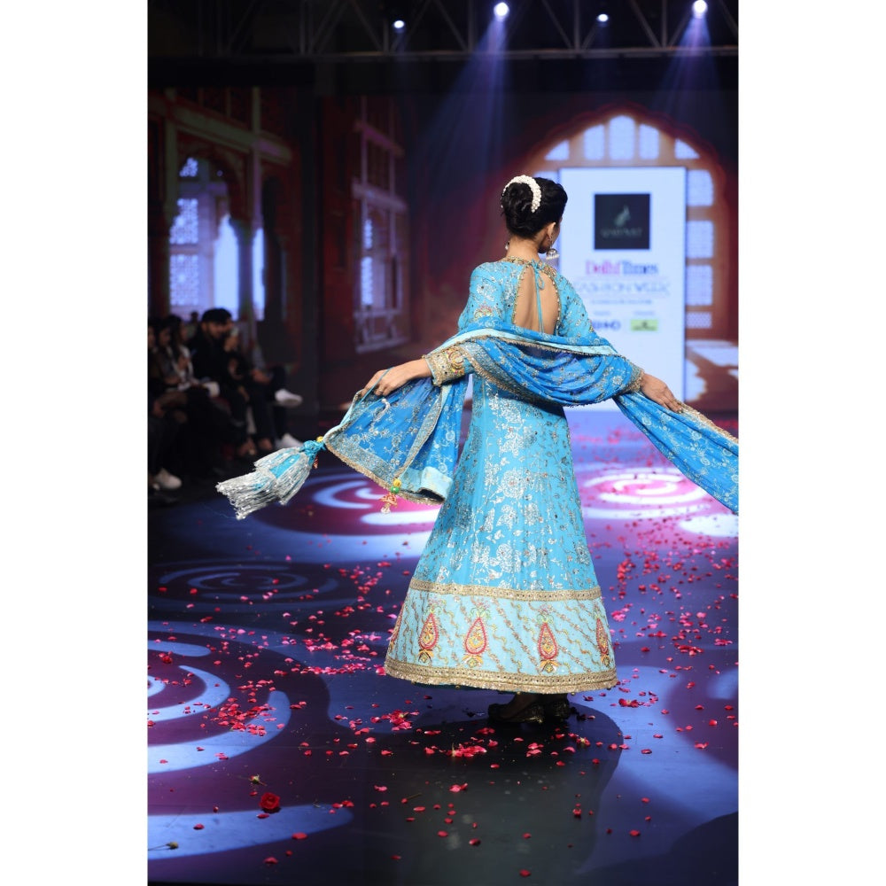 QAIYNAT Ghungroo Blue Hand-Embroidered Zari Aari Silk Anarkali with Dupatta