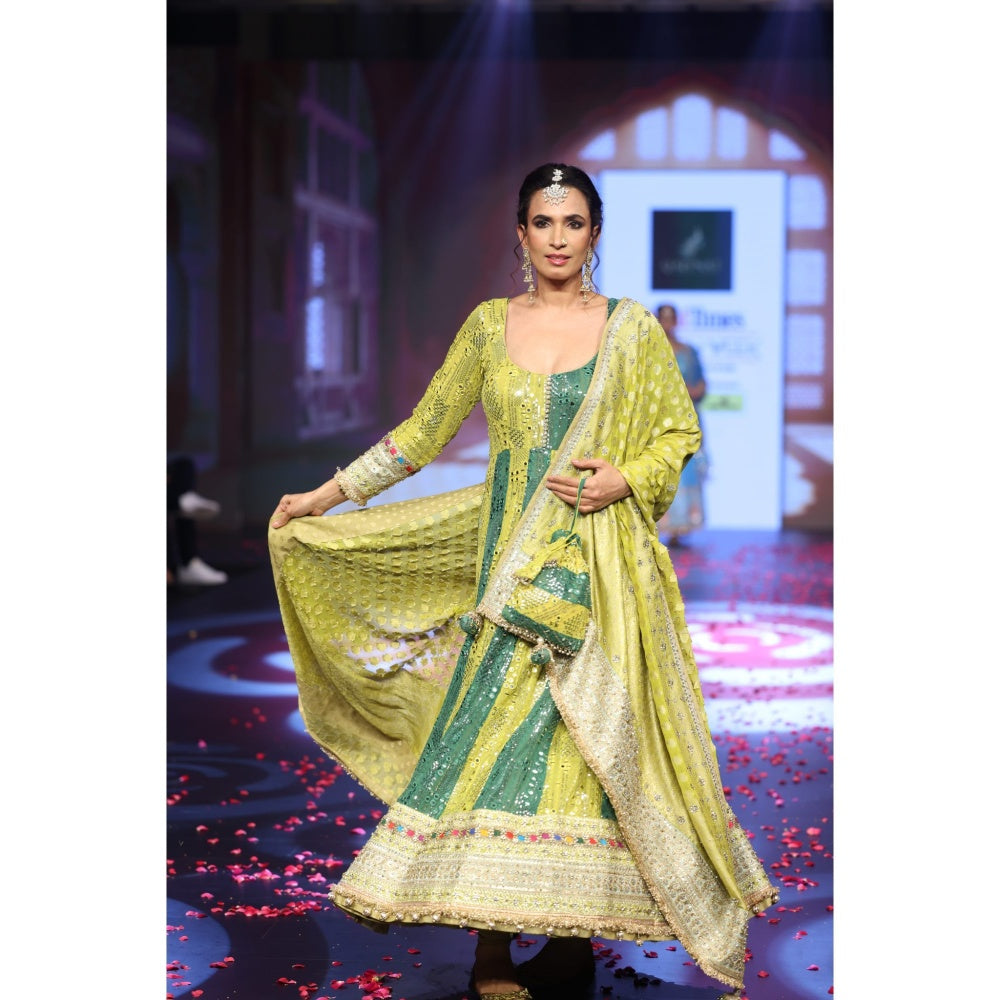 QAIYNAT Ghungroo Green Hand Embroidered Mirror Work Silk Anarkali with Dupatta