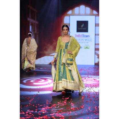 QAIYNAT Ghungroo Green Hand Embroidered Mirror Work Silk Anarkali with Dupatta