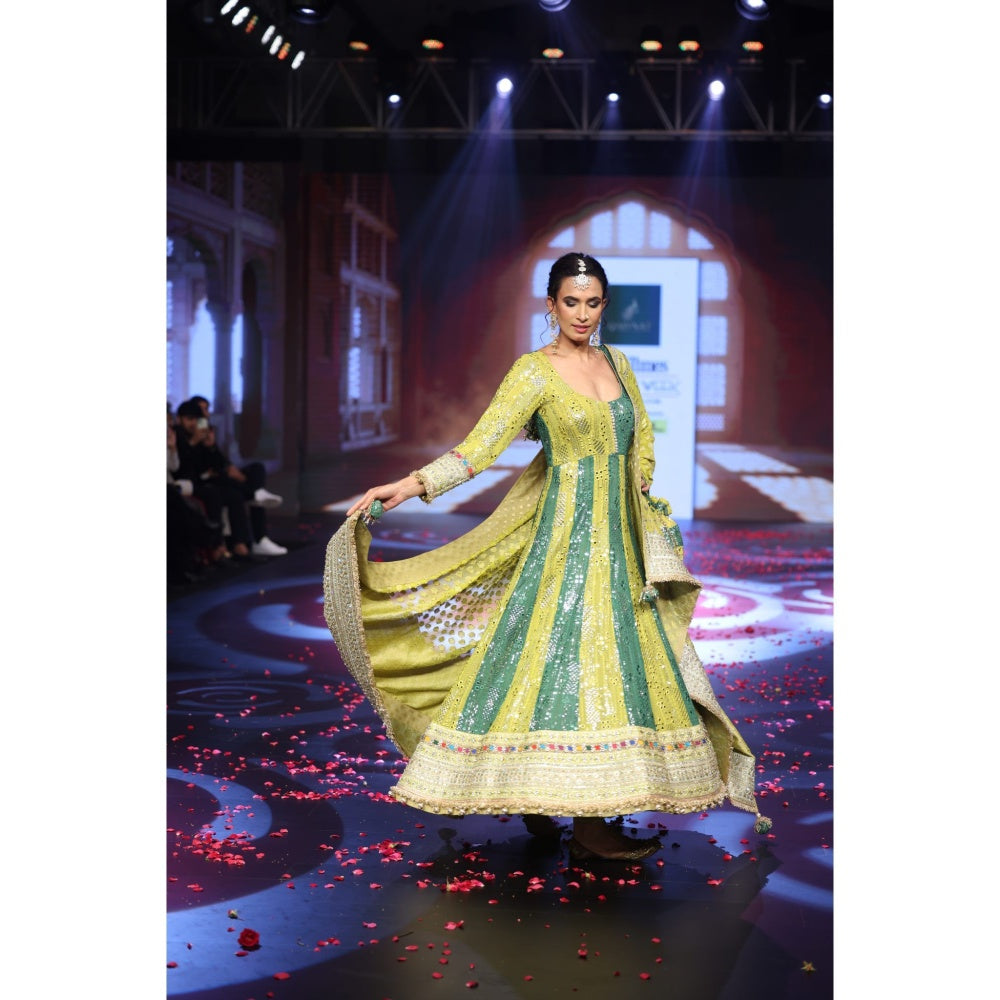 QAIYNAT Ghungroo Green Hand Embroidered Mirror Work Silk Anarkali with Dupatta