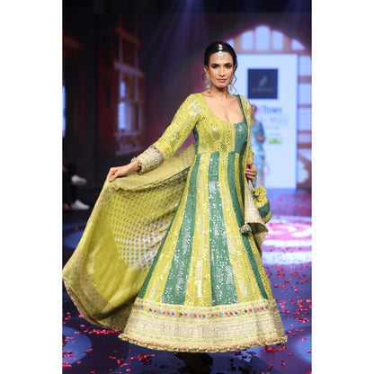 QAIYNAT Ghungroo Green Hand Embroidered Mirror Work Silk Anarkali with Dupatta