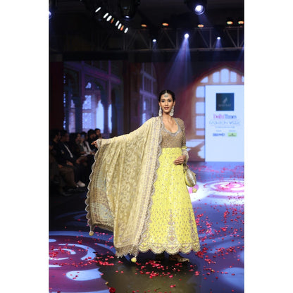 QAIYNAT Ghungroo Yellow Hand-Embroidered Silk Anarkali with Dupatta