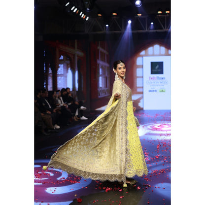 QAIYNAT Ghungroo Yellow Hand-Embroidered Silk Anarkali with Dupatta