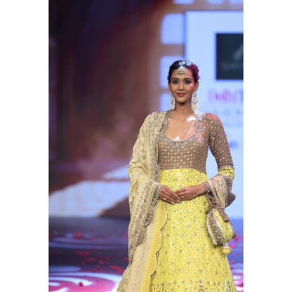 QAIYNAT Ghungroo Yellow Hand-Embroidered Silk Anarkali with Dupatta