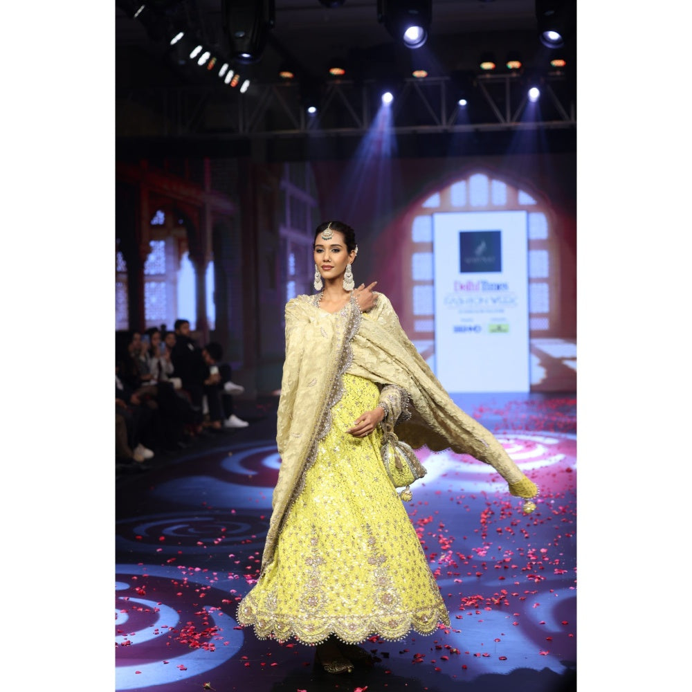 QAIYNAT Ghungroo Yellow Hand-Embroidered Silk Anarkali with Dupatta