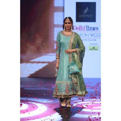 QAIYNAT Ghungroo Turquoise Zari Aari Silk Anarkali with Dupatta