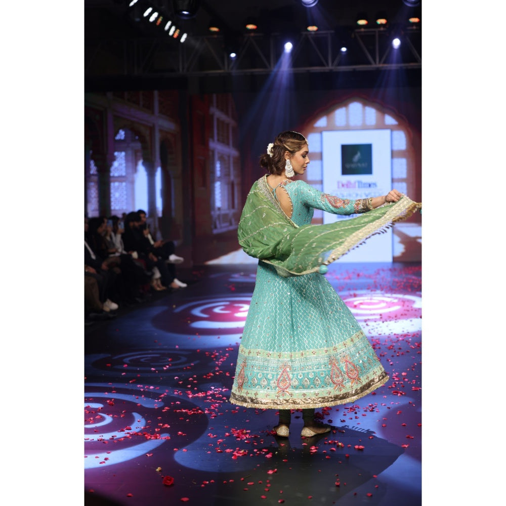 QAIYNAT Ghungroo Turquoise Zari Aari Silk Anarkali with Dupatta