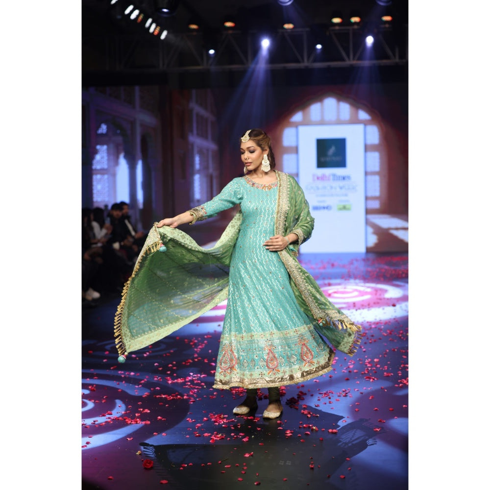 QAIYNAT Ghungroo Turquoise Zari Aari Silk Anarkali with Dupatta