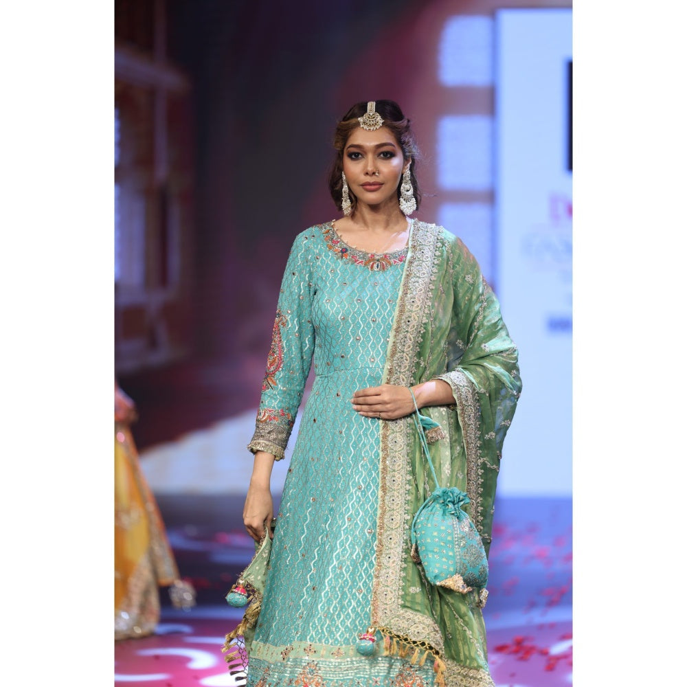 QAIYNAT Ghungroo Turquoise Zari Aari Silk Anarkali with Dupatta