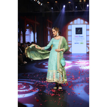 QAIYNAT Ghungroo Turquoise Zari Aari Silk Anarkali with Dupatta