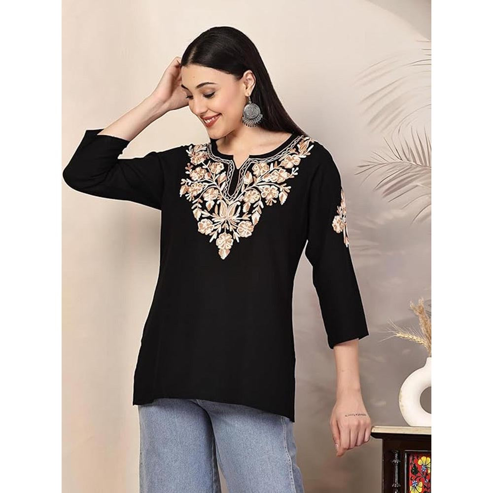 QAZMI Heer Floral Aari Work Viscose Rayon Straight Kurti