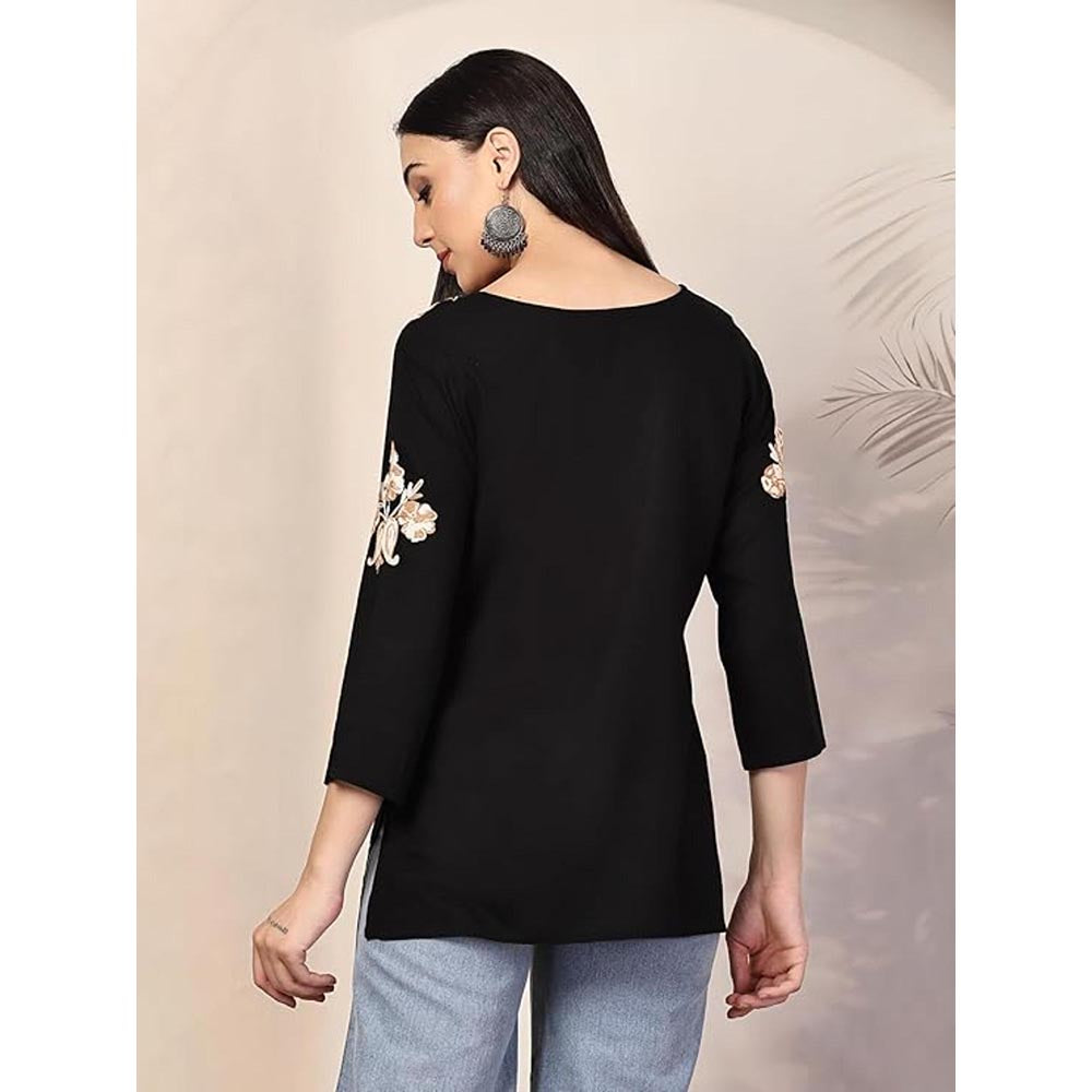 QAZMI Heer Floral Aari Work Viscose Rayon Straight Kurti