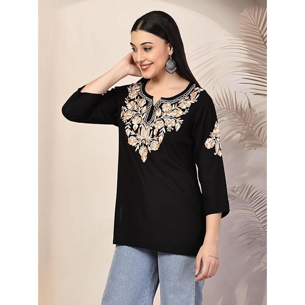 QAZMI Heer Floral Aari Work Viscose Rayon Straight Kurti