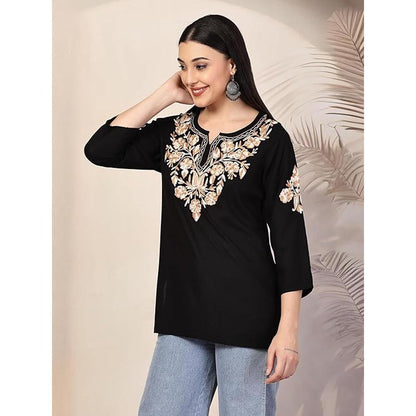 QAZMI Heer Floral Aari Work Viscose Rayon Straight Kurti