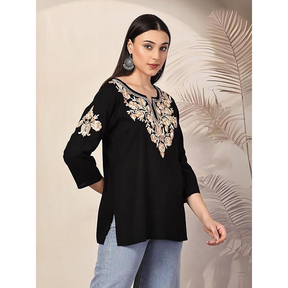 QAZMI Heer Floral Aari Work Viscose Rayon Straight Kurti