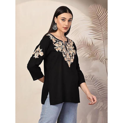 QAZMI Heer Floral Aari Work Viscose Rayon Straight Kurti