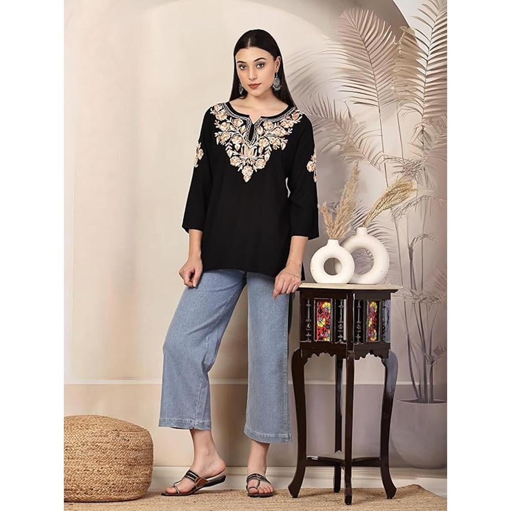 QAZMI Heer Floral Aari Work Viscose Rayon Straight Kurti