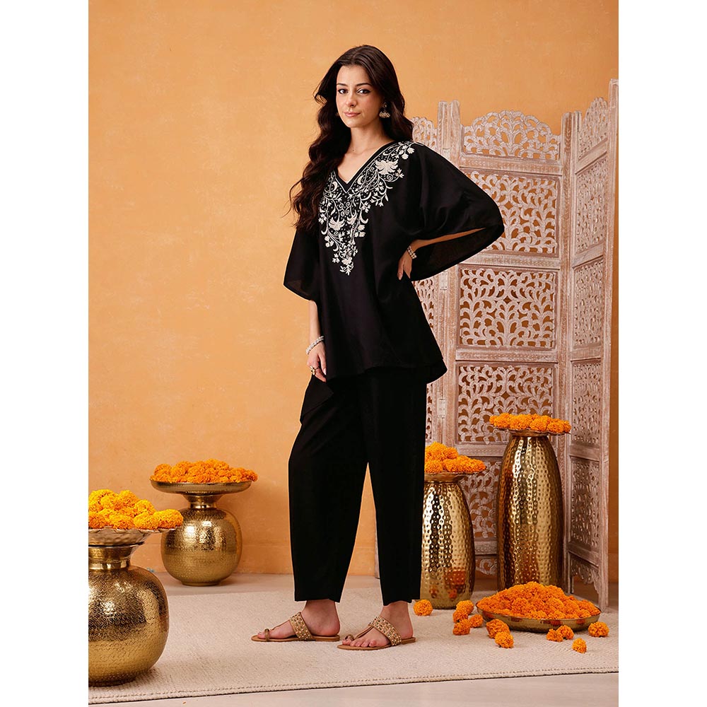 QAZMI Parvin Zari Work Viscose Rayon V-Neck Kaftan With Trouser