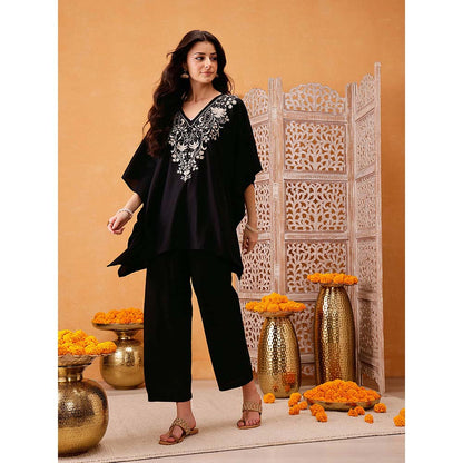 QAZMI Parvin Zari Work Viscose Rayon V-Neck Kaftan With Trouser