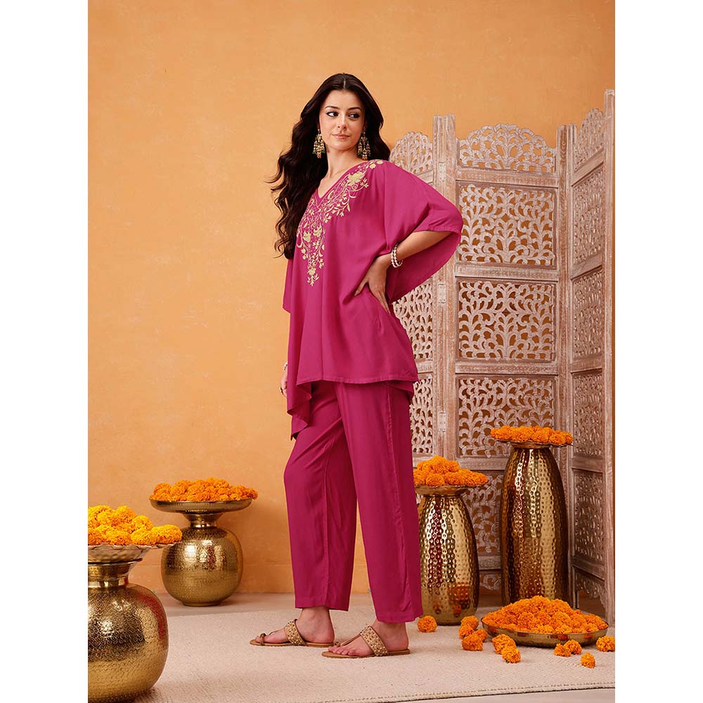 QAZMI Parvin Zari Work Viscose Rayon V-Neck Kaftan With Trouser