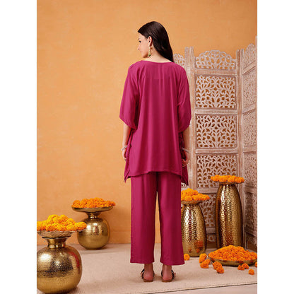 QAZMI Parvin Zari Work Viscose Rayon V-Neck Kaftan With Trouser