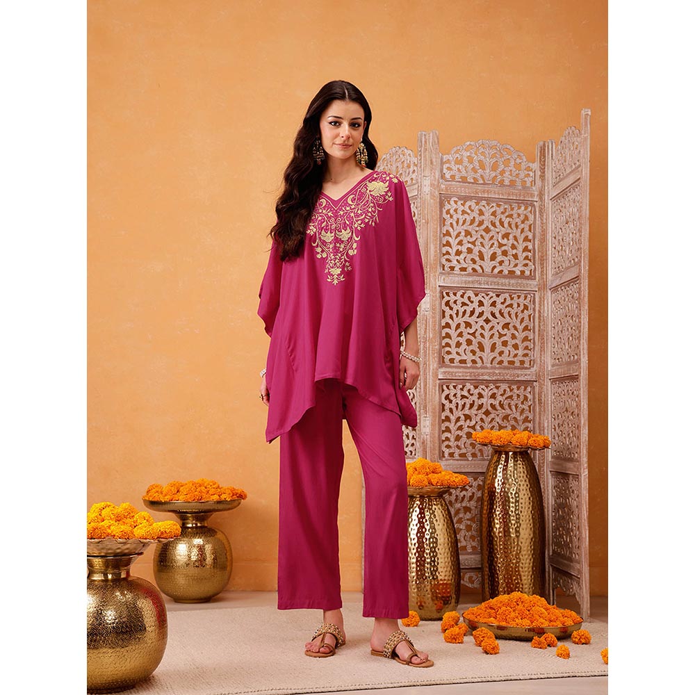 QAZMI Parvin Zari Work Viscose Rayon V-Neck Kaftan With Trouser