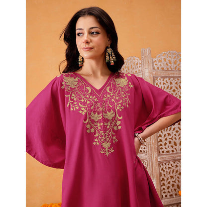 QAZMI Parvin Zari Work Viscose Rayon V-Neck Kaftan With Trouser