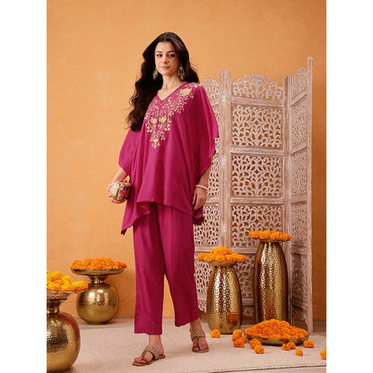 QAZMI Parvin Zari Work Viscose Rayon V-Neck Kaftan With Trouser