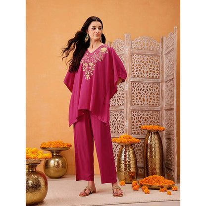 QAZMI Parvin Zari Work Viscose Rayon V-Neck Kaftan With Trouser