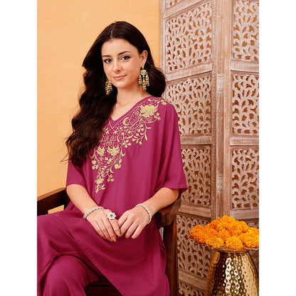 QAZMI Parvin Zari Work Viscose Rayon V-Neck Kaftan With Trouser