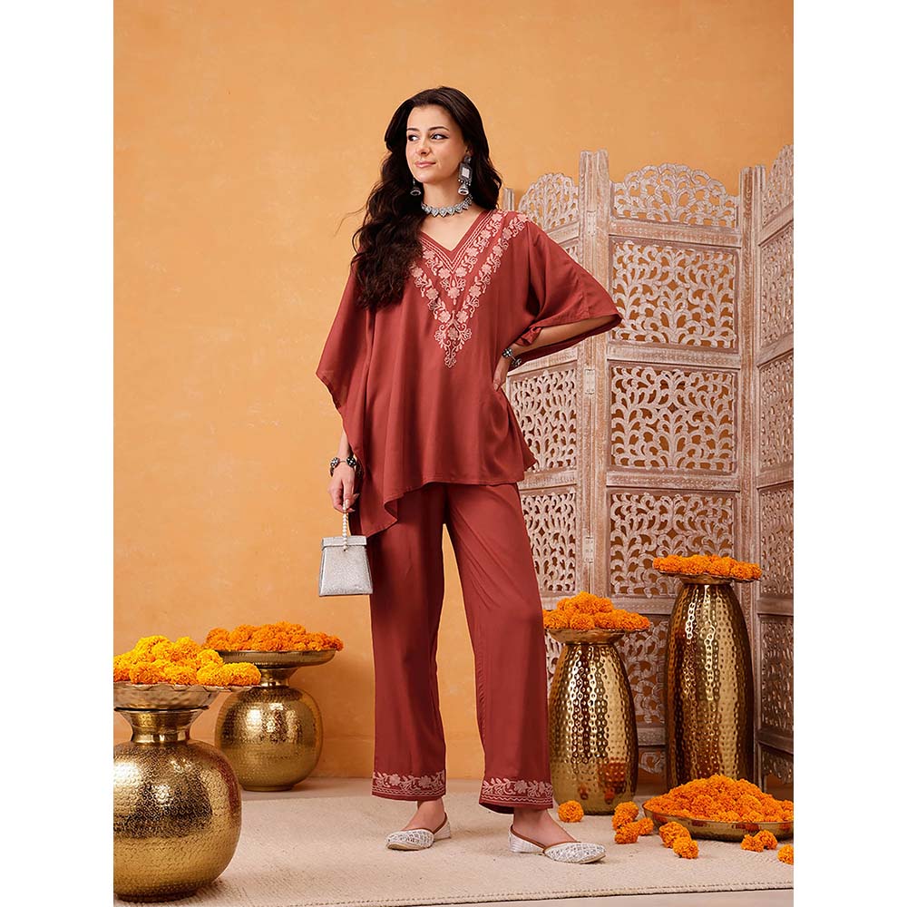 QAZMI Shahira Aari Work Viscose Rayon V-Neck Kaftan CoOrd Set