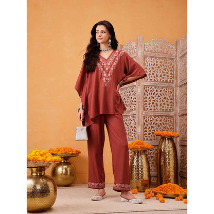QAZMI Shahira Aari Work Viscose Rayon V-Neck Kaftan CoOrd Set