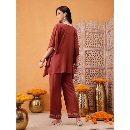 QAZMI Shahira Aari Work Viscose Rayon V-Neck Kaftan CoOrd Set