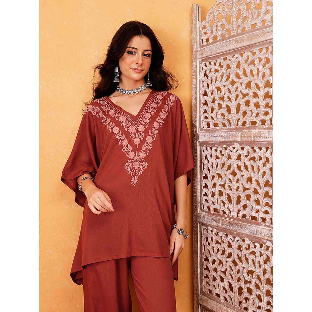 QAZMI Shahira Aari Work Viscose Rayon V-Neck Kaftan CoOrd Set