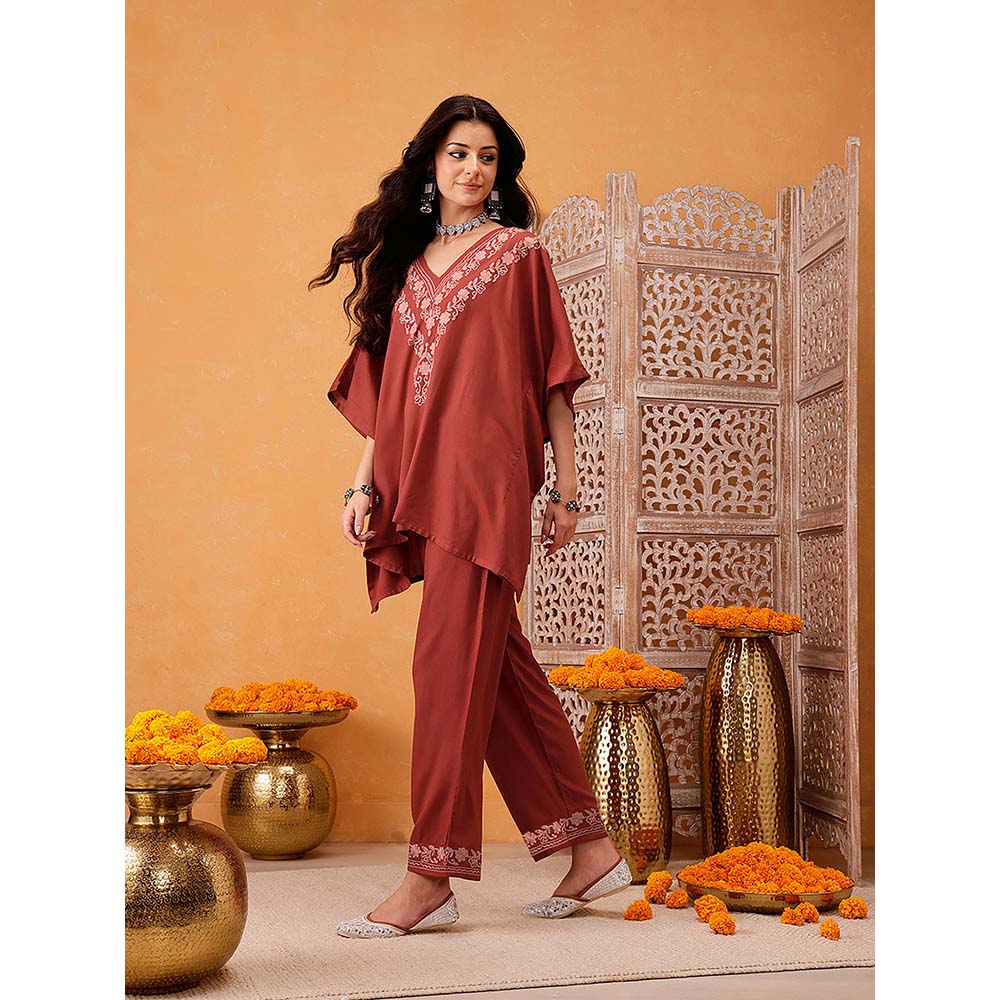 QAZMI Shahira Aari Work Viscose Rayon V-Neck Kaftan CoOrd Set