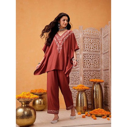 QAZMI Shahira Aari Work Viscose Rayon V-Neck Kaftan CoOrd Set