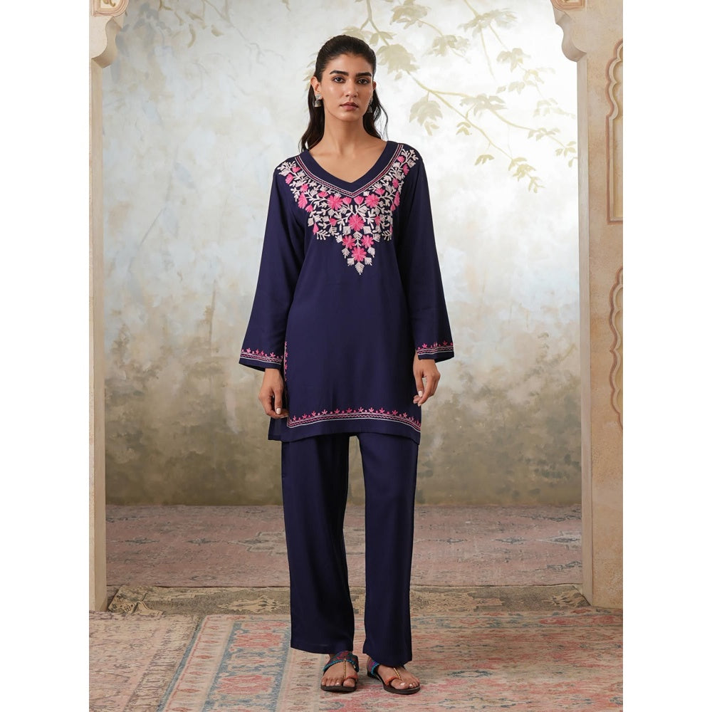 QAZMI Womens Viscose Rayon Embroidered Blue Kurti with Pant