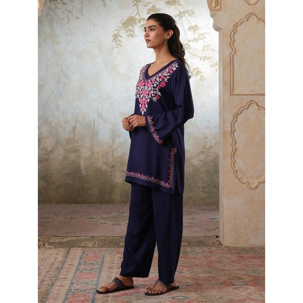 QAZMI Womens Viscose Rayon Embroidered Blue Kurti with Pant