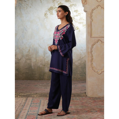 QAZMI Womens Viscose Rayon Embroidered Blue Kurti with Pant