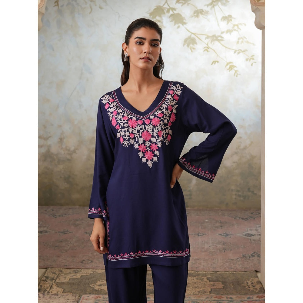 QAZMI Womens Viscose Rayon Embroidered Blue Kurti with Pant