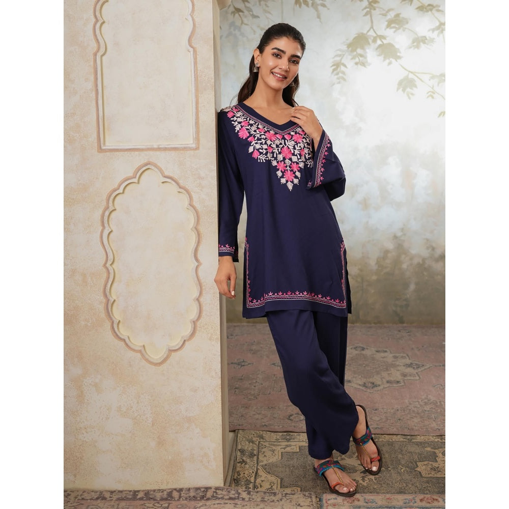QAZMI Womens Viscose Rayon Embroidered Blue Kurti with Pant
