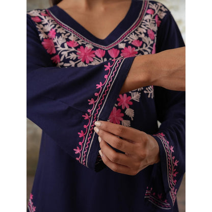 QAZMI Womens Viscose Rayon Embroidered Blue Kurti with Pant